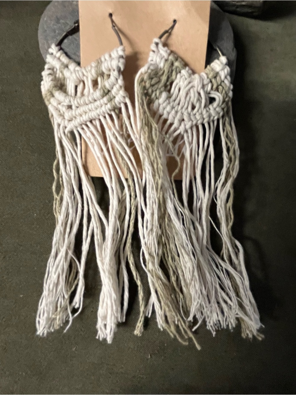 Handmade Macramé Fringe Earrings in Off-White and Sage